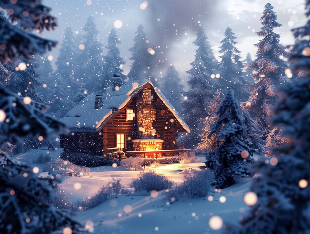 Przyjemny domek z drewna świeci w środku spokojnego pokrytego śniegiem lasu delikatne płatki śniegu schodzące cicho