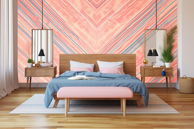 Przyjemny domek z drewna w ciepłej palecie kolorów w prostym stylu sypialni
