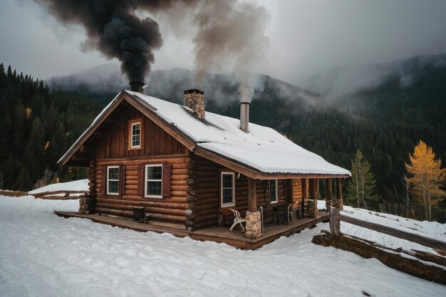 Zdjęcie przyjemny domek z dymem z komina w lesie