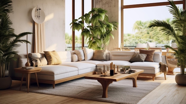 Przyjemny, elegancki wnętrze salonu w stylu boho w naturalnych kolorach Komfortowa rogu kanapa z poduszkami wiele roślin domowych drewniany dywan na drewnianej podłodze dekoracja domowa rendering 3D