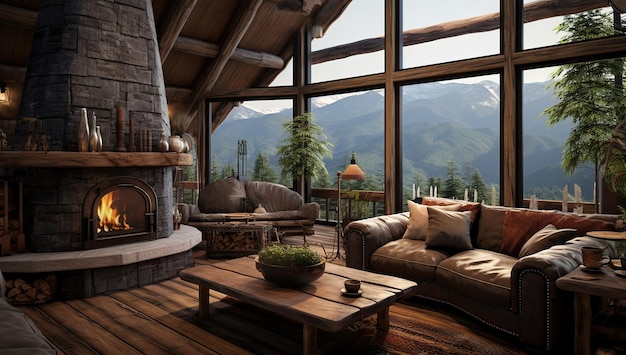 Przyjemny górski salon z kominem i panoramicznym widokiem na góry Wnętrze domu Ecolodge