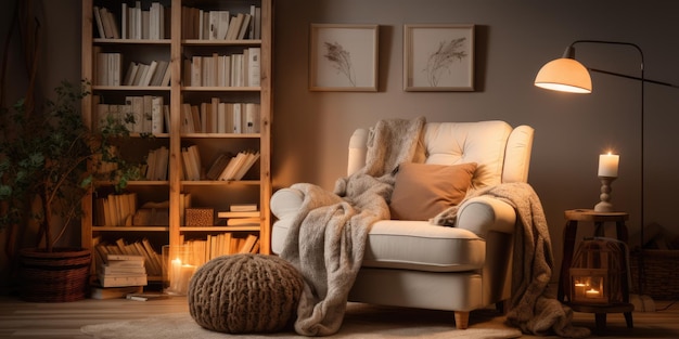 Przyjemny kąt do czytania z pluszowym fotelem, lampą podłogową i wbudowaną półką na książki.