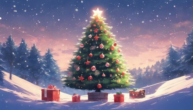 Zdjęcie przyjemny krajobraz świąteczny ilustracja tapety z choinką świąteczną z pudełkiem podarunkowym