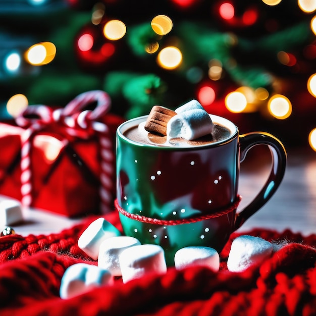 Zdjęcie przyjemny kubek gorącej kawy z marshmallowami i cukierkami na czerwonym, dzierżonym tle.