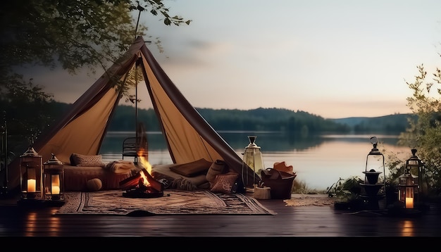 Przyjemny namiot w przyrodzie z ogniem i lampą