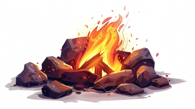 Zdjęcie przyjemny ogień leży jasno, otoczony pierścieniem kamieni, ogień pęka i pęka, a płomienie tańczą w nocnym powietrzu.