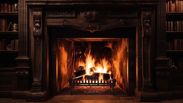Zdjęcie przyjemny ogień płonie w kominku z półkami na tle doskonały do dodania ciepła i atmosfery do dowolnej przestrzeni