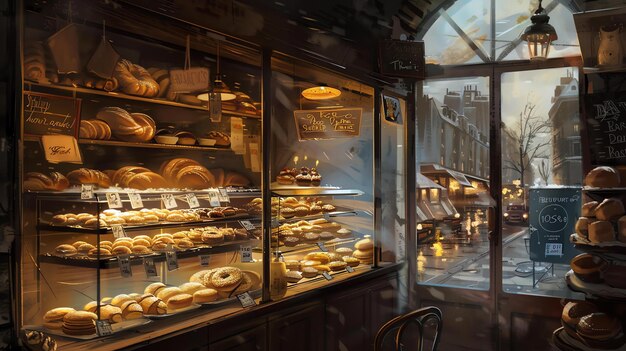 Zdjęcie przyjemny piekarnia z widokiem na ulicę istnieje różnorodność ciast i chleba na wystawie w przypadku piekarnia