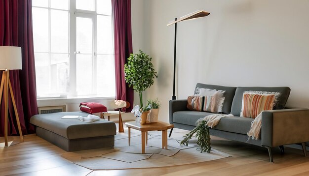 Zdjęcie przyjemny salon, relaksująca przestrzeń z kanapą, stołem i zielonym drzewem.