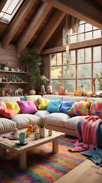 Przyjemny salon z dużą sofą, dywanem na stoliku i roślinami