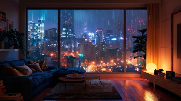 Zdjęcie przyjemny salon z dużym oknem z widokiem na deszczowe miasto