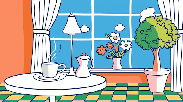 Zdjęcie przyjemny salon z stołem, wazonem z kwiatami, dzbanem do kawy i filiżanką kawy, drzewo w rogu pokoju.