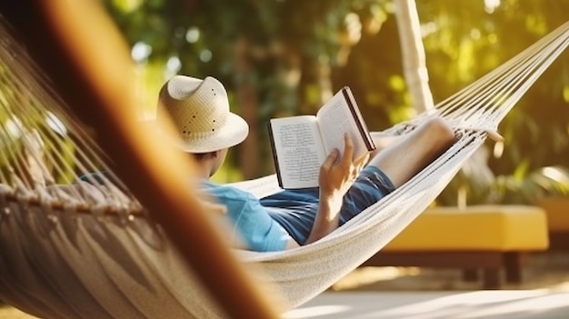Przyjmowanie lenistwa w hamaku z kapeluszem i książką w letnie popołudnie Generatywna sztuczna inteligencja