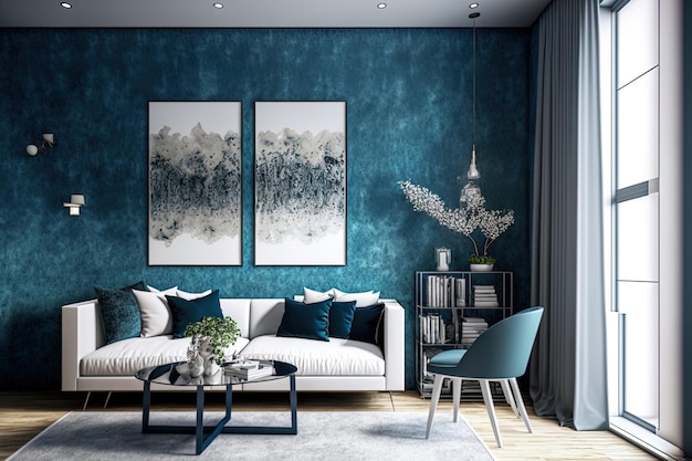 Przykład współczesnej koncepcji projektu salonu z niebieską teksturą ściany