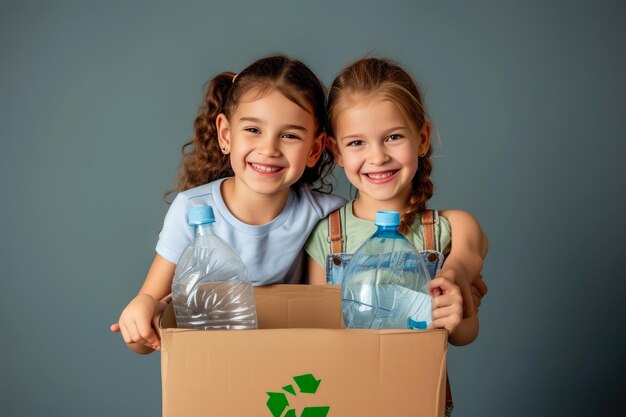 Przykładowe rodzeństwo dzieli się szczęściem obok pudełka do recyklingu