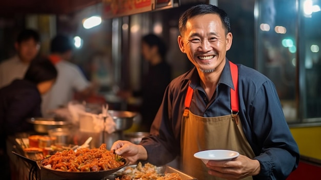 Przynosząc danie z kurczaka do klientów na wózku sprzedawca uśmiecha się GENERATE AI