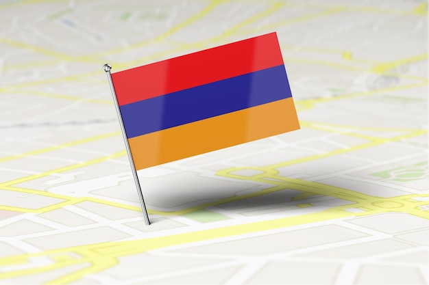 Przypinka wskazująca położenie flagi narodowej Armenii wbita w mapę drogową miasta Renderowanie 3D