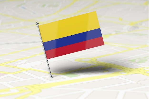 Przypinka z lokalizacją flagi narodowej Kolumbii utknęła na mapie drogowej miasta Renderowanie 3D