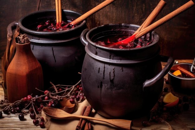 Przyprawiane wino ciepłe w garnku z łyżką i drewnianymi kubkami stworzonymi z generatywnych ai