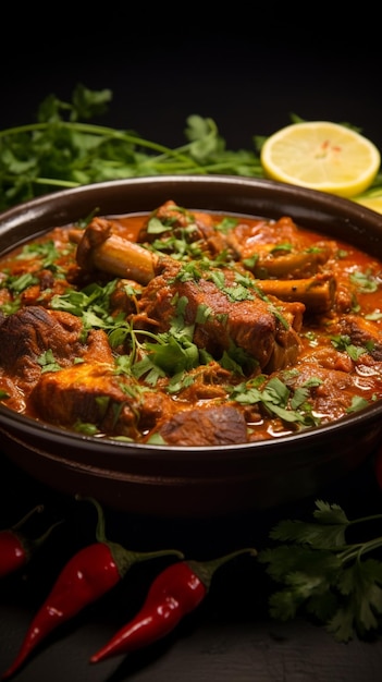 Przyprawiona rozkosz Indyjska jagnięcina Rogan Josh Baranina Gosht Masala podawana w skupionej misce Vertica