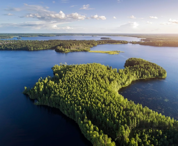 Przyroda Karelii z lotu ptaka Piękne jezioro Panorama przyrody z góry