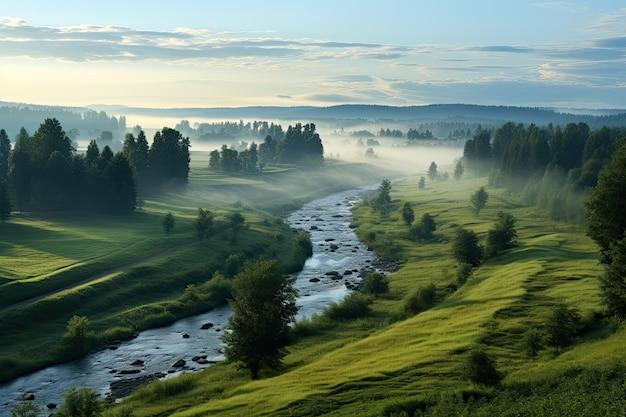 Przyroda Łotwy Poranny krajobraz z rzeką i mgłą Las w tle Generatywna sztuka sztucznej inteligencji