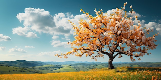 Zdjęcie przyroda na świeżym powietrzu kwitnący kwiat drzewa moreli z wieloma kwiatami w słoneczny dzień łąka krajobrazu scena
