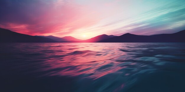 Przyroda na świeżym powietrzu zachód słońca nad jeziorem morze z górami wzgórza krajobraz tło różowe rozmycie poza widokiem