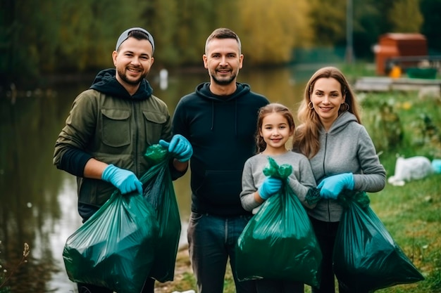 Przyroda Sprząta Rodzinę, Mama I Tata Z Dziećmi, Dziewczęta Z Workami Na śmieci W Rękach Zbierają.