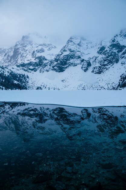 Przyrodniczy krajobraz jeziora Morskie Oko otoczonego pokrytymi śniegiem górami z odbiciem gór w wodzie pod ciemnym niebem Tatra Polska