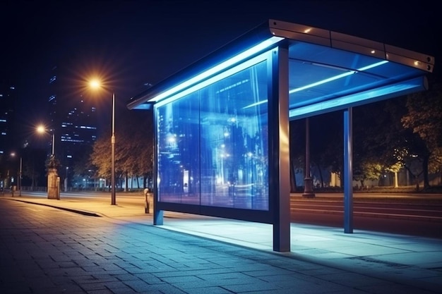 Zdjęcie przystanek autobusowy jest oświetlony w nocy
