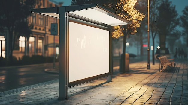 Zdjęcie przystanek autobusowy na przystanku autobusowym pusta biała skrzynka świetlna pusta tabliczka ogłoszeniowa przystanek autobusowa ogłoszenie szkło i generatywna sztuczna inteligencja
