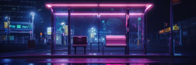 Przystanek autobusowy w nocy z neonowymi światłami Ai Generative