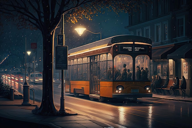 Przystanek autobusowy w nocy z widokiem na ruchliwą ulicę miasta i tętniący życiem ruch uliczny stworzony za pomocą generatywnej sztucznej inteligencji