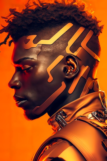 Zdjęcie przystojny afrykański męski android patrzący w dół tętniące pomarańczowym tłem aigenerated