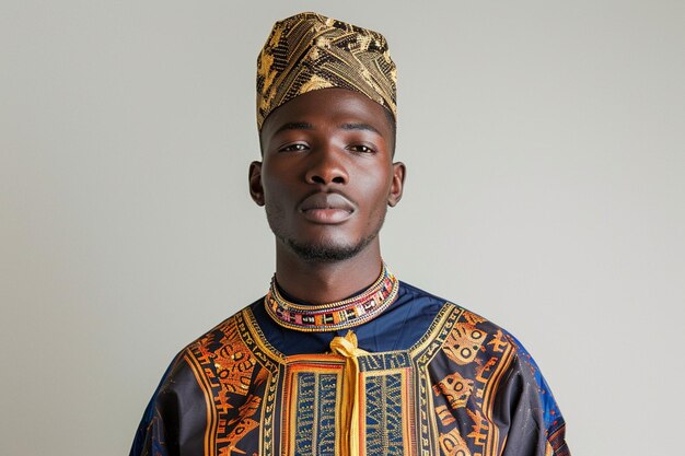 przystojny afrykański model w tradycyjnych ubraniach na tle