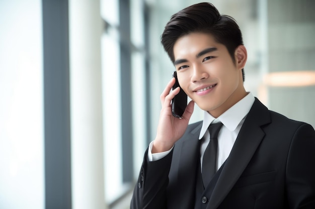 Przystojny azjatycki biznesmen rozmawiający przez telefon w biurze stworzonym za pomocą generatywnej ai