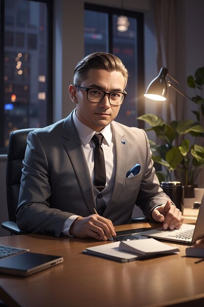 Przystojny biznesmen pracuje z laptopem w biurze