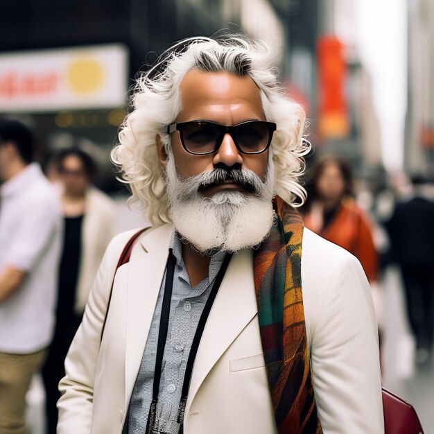 przystojny brodaty stylowy mężczyzna z stylową fryzurą i brodą pozujący na ulicach miasta