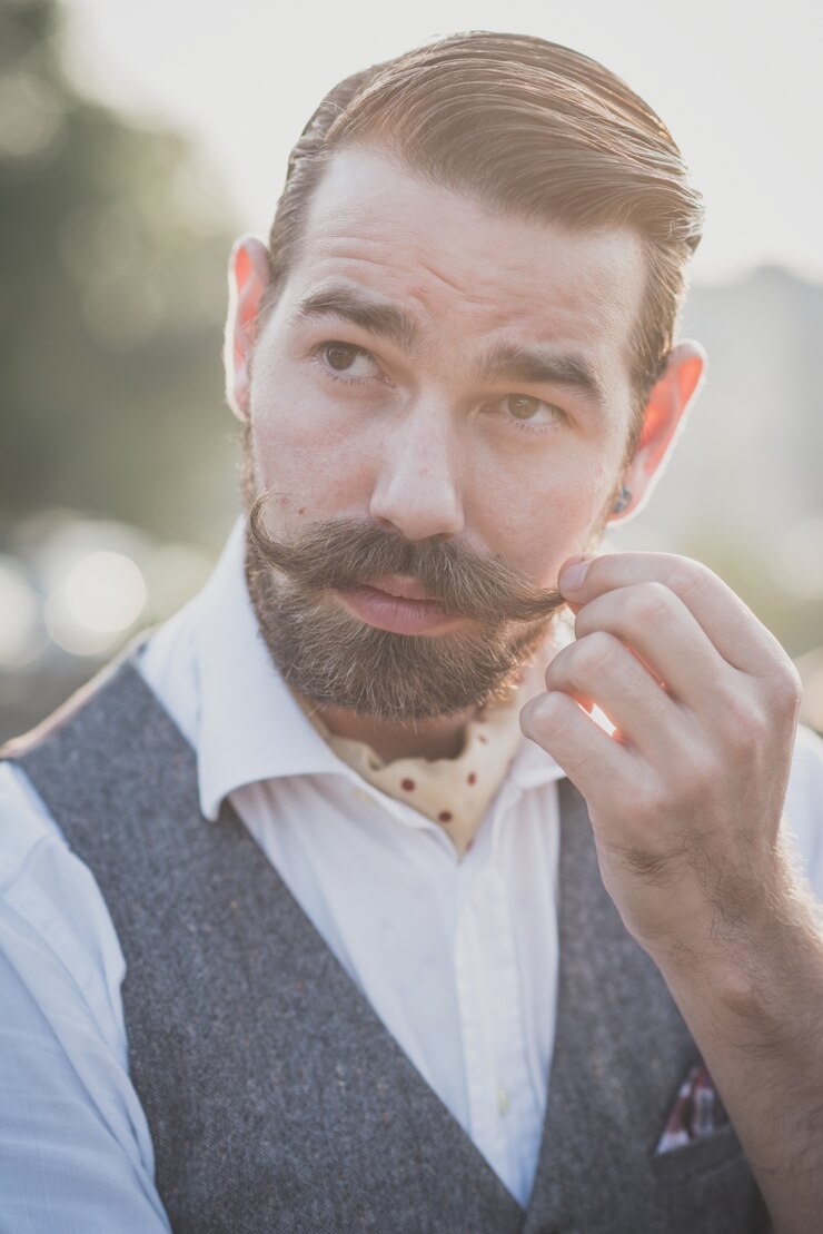 przystojny, duży, wąsy, hipster, człowiek