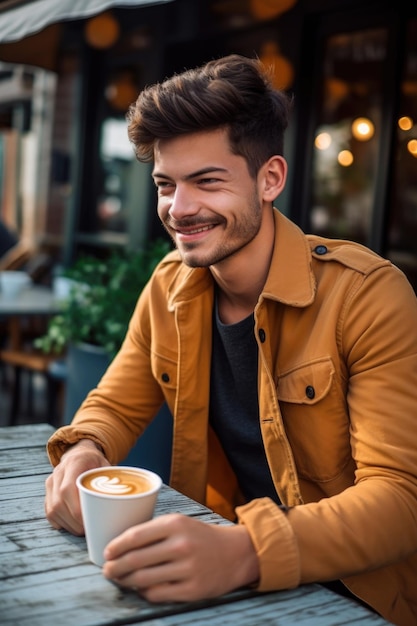 Przystojny mężczyzna delektuje się chudą latte w kawiarni na świeżym powietrzu utworzonej za pomocą generatywnej sztucznej inteligencji