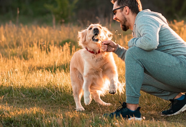 Przystojny Mężczyzna Z Psim Golden Retriever Chodzi W Wiosny łące