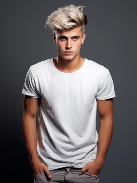 Zdjęcie przystojny młody mężczyzna w białej koszulce i z modną fryzurą na szarym tle