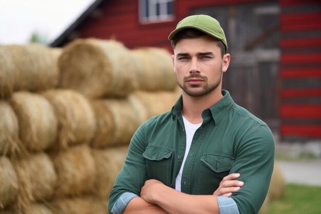Zdjęcie przystojny młody rolnik stojący na zewnątrz z założonymi rękami i wyglądający dumnie