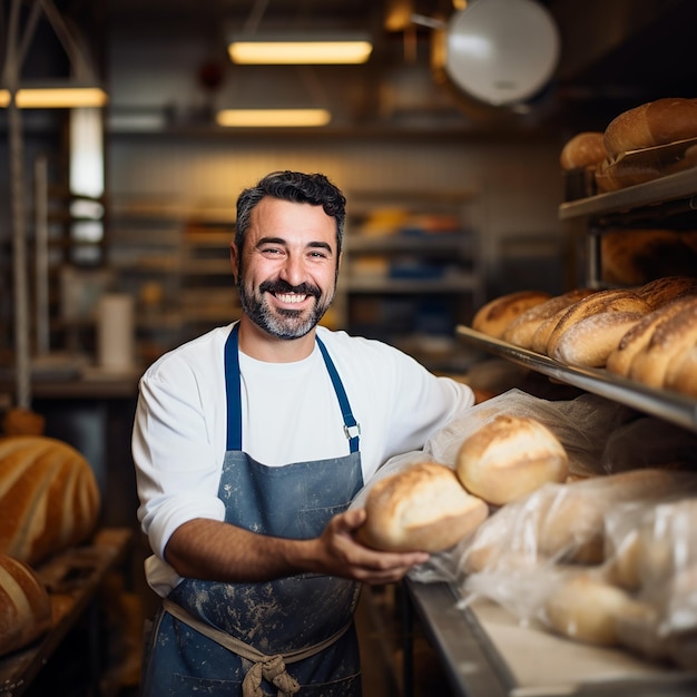Przystojny piekarz w mundurze trzymając bagietki z półkami na chleb w tle