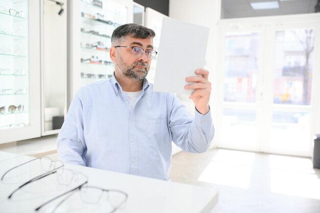 Przystojny starszy mężczyzna wybiera oprawki okularów w sklepie optycznym