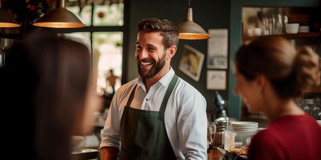 Przystojny uśmiechnięty kelner serwujący kawę klientom
