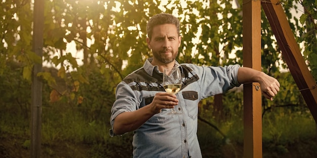 Przystojny winiarz mężczyzna rolnik pije wino w winnicy na farmie winorośli