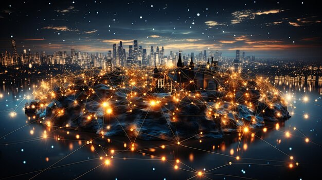 Zdjęcie przyszła światowa sieć technologii cyfrowych w tle z nocną mapą miasta duże dane globalna komunikacja