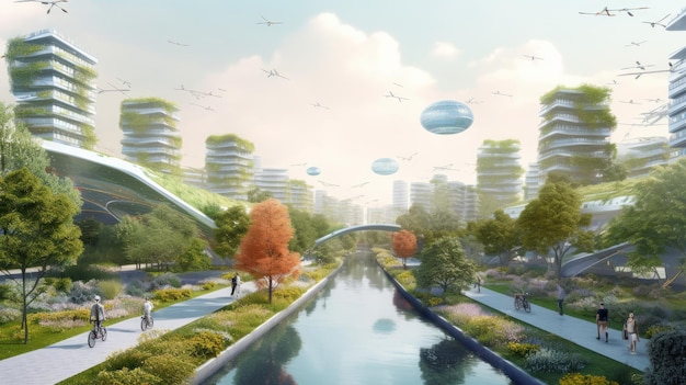 Przyszłe miasto z zielonymi budynkami panele słoneczne park z drzewami staw ludzie spacerujący rowerem i energią odnawialną samochody elektryczne i transport publiczny w tle